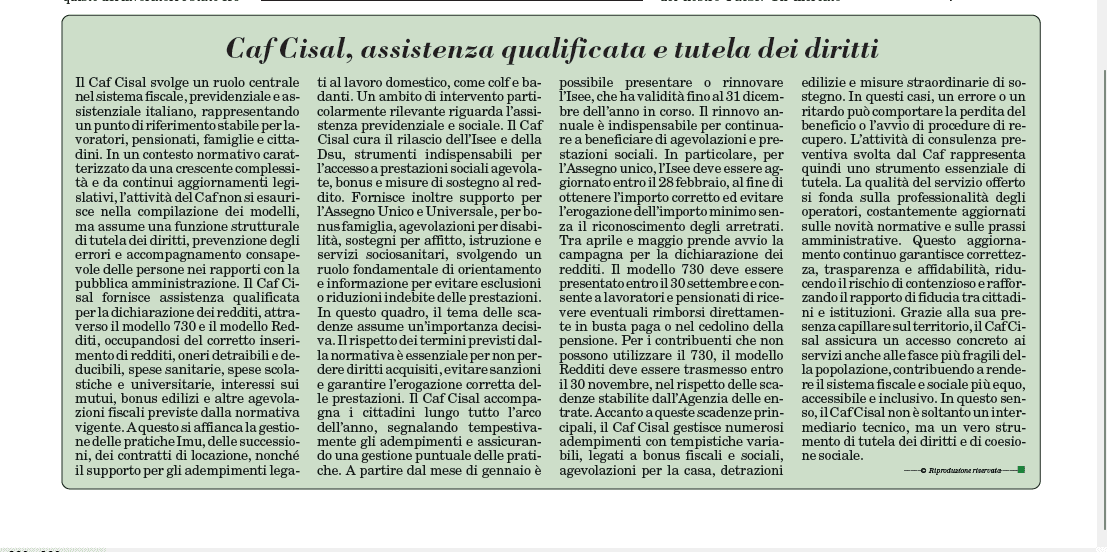 Copertina di: Caf Cisal, assistenza qualificata e tutela dei diritti